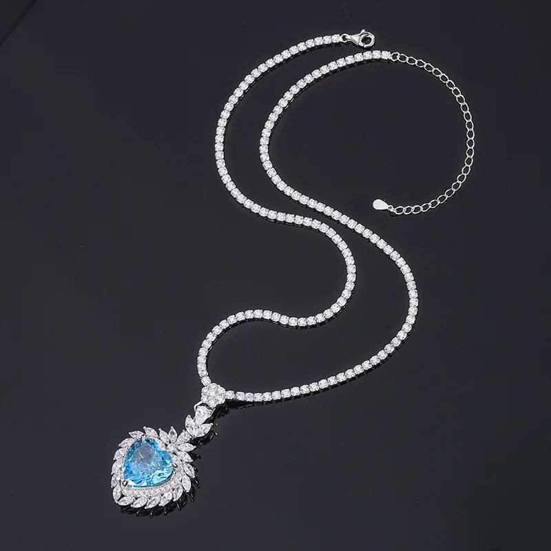 

Серебряное кольцо с подвеской в форме сердца из серебра S925 пробы с морским голубым сокровищам из высокоуглеродистого бриллианта Redian, комплект с кулоном из основного камня 15*15