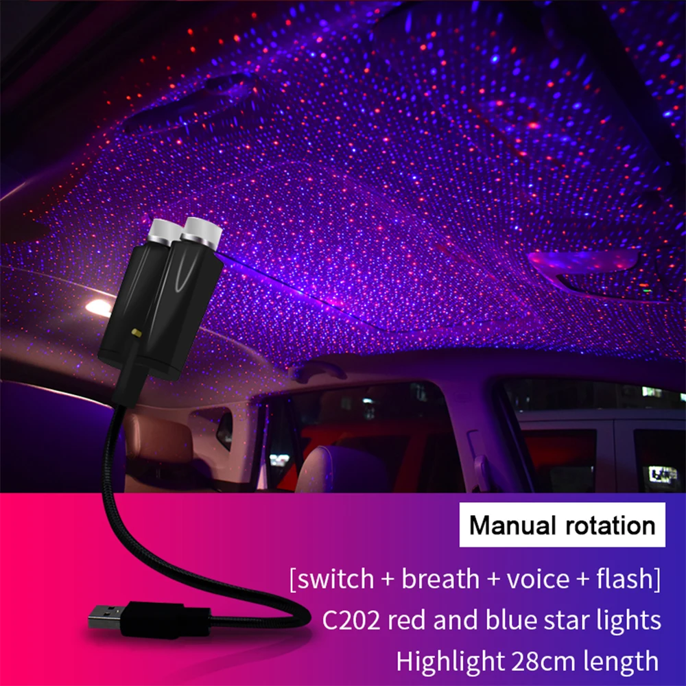 

Светодиодный Ночной светильник на крышу автомобиля, USB-проектор, атмосферная лампа, 2 цвета, регулируемая окружающая лампа, декоративное осв...