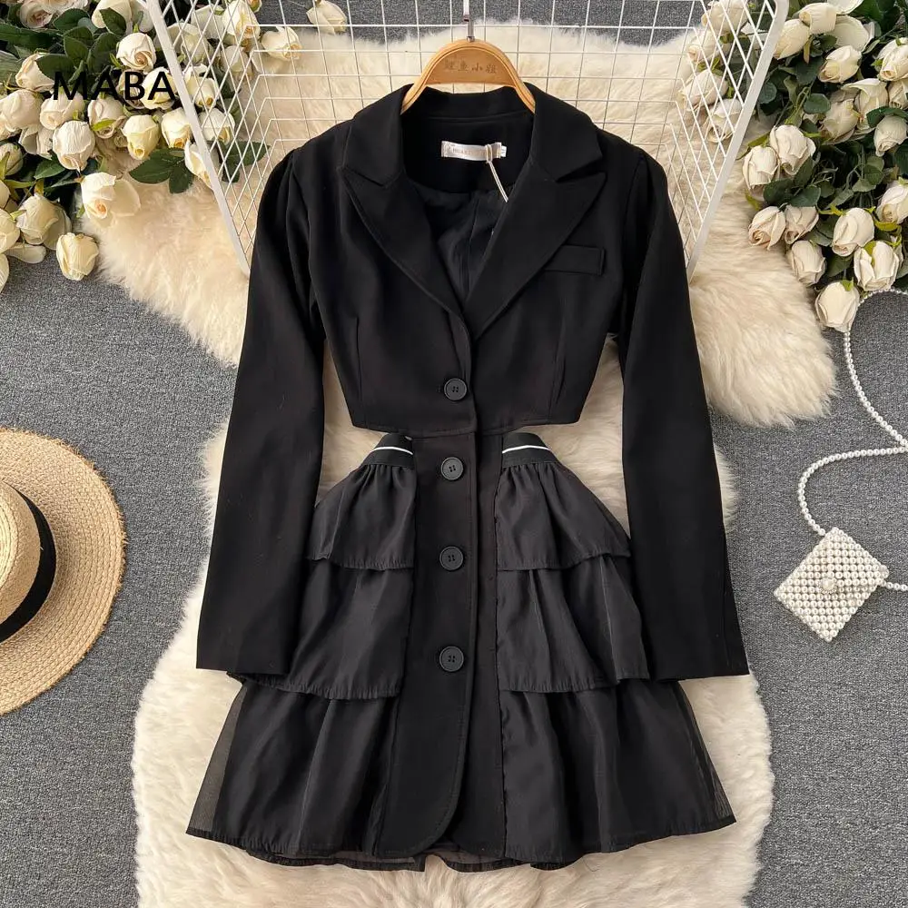 

Fashion Designer Black Blazer Dress Women Spring Summer Ladies Notched Collar Hollow Out Tulle Ruffle Patchwork Party Dresses