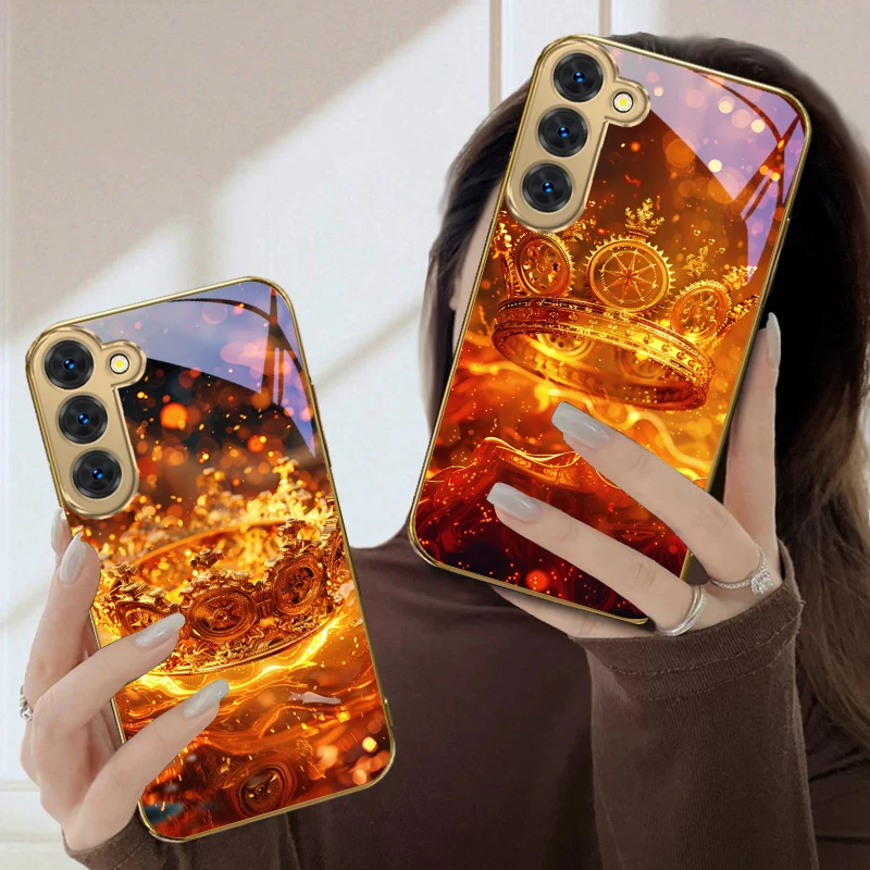 Фото Ослепительно яркий чехол-корона для Samsung Galaxy S26 S20 FE 21 22 Ultra 23 Plus 24 Ultra 25Ultra S21+ 22Plus, золотой стеклянный чехол для телефона №3