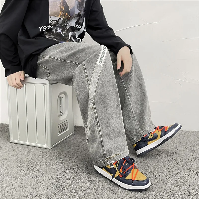 Splicing Jeans Men Korean Version of Loose Casual Straight Ins Tide Brand Y2K High Street Personality Drawstring Trousers Casual