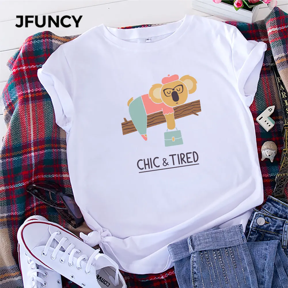 JFUNCY  Women Tops Cotton T-shirt Summer Short Sleeve Oversize Tshirt Koala Print Casual Loose Female Tee Shirts