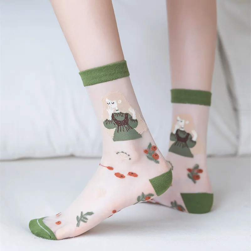 

Women Summer Fashion Glass Silk Socks Harajuku Girls Students 2022 Cartoon Cute Socks Ultra-thin Transparent Crystal Silk Socks