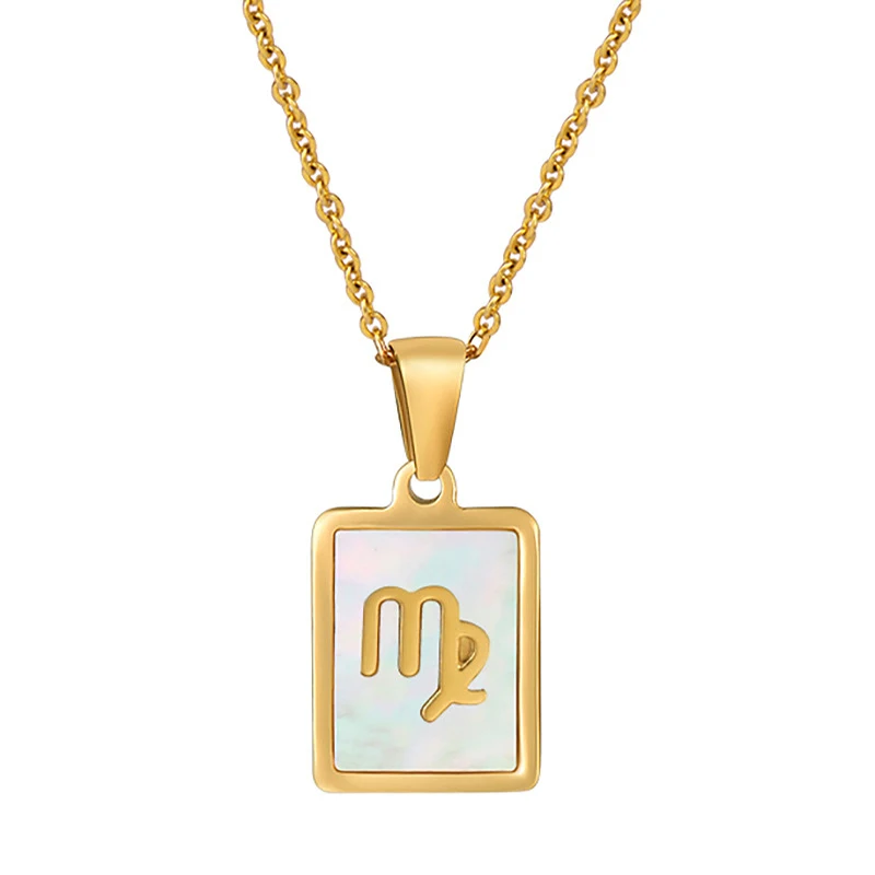 

18K Gold Plated Stainless Steel Constellation Necklace Charms Square Natural Shell 12 Signs Zodiac Pendant Necklaces Womens Gift