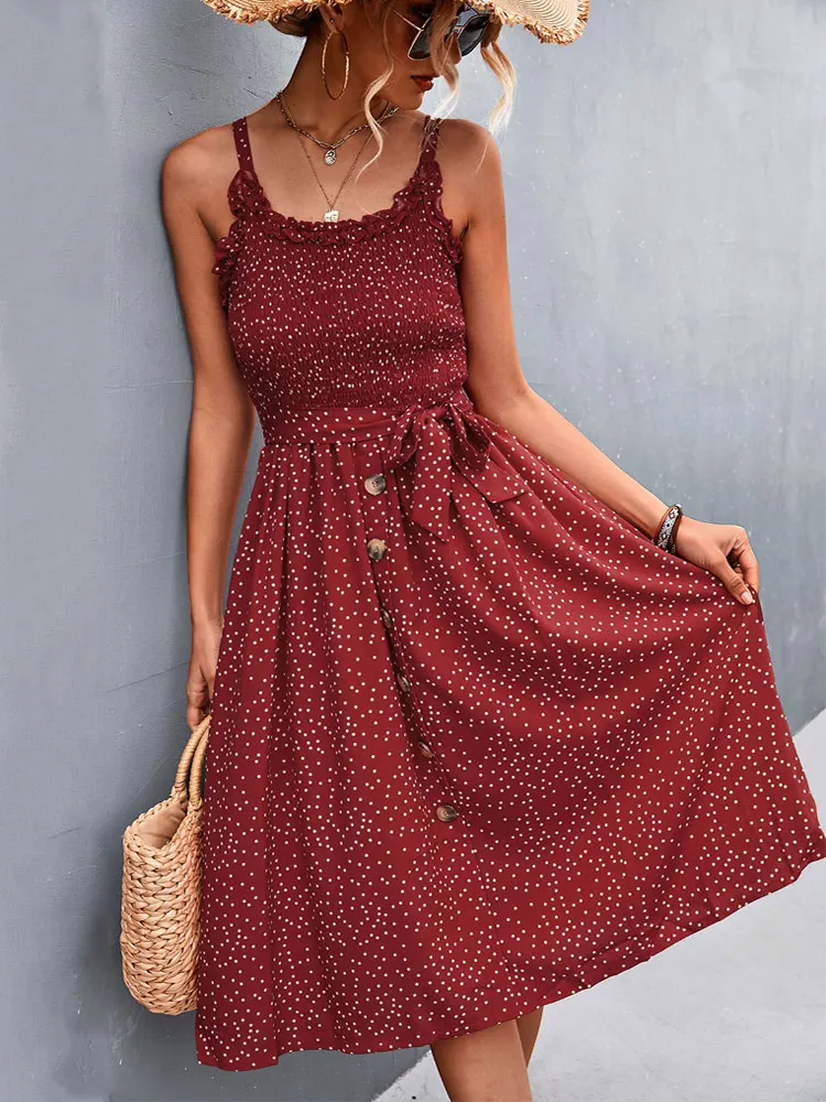 

2022 Summer Long Dot Dress Women Button A Line Backless Dress Ladies Spaghetti Strap Party Dress For Women