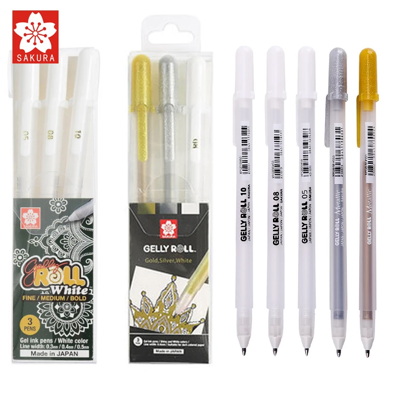 3pcs/Lot Japan Sakura Gelly Roll Gel Ink Pen Set Gold White Silver Metallic Sketch Highlight Marker Pen Drawing Art Supplies