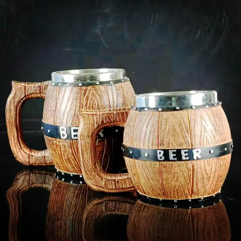 

Wooden Large-capacity Barrel Beer Mug Stainless Steel Durable Beer Cup Creative Beer Wooden Keg Cup Cafe Bar Party Supplies