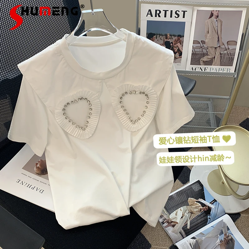 

Heart Shape Diamond White Short-Sleeved Pullover T-shirt Women's 2022 Summer New Fashion Elegant O-neck Loose Slimming Top Tees