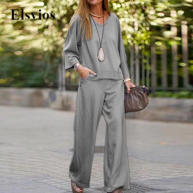 

Повседневный модный весенне-осенний комплект из двух предметов, Женский пуловер с длинным рукавом и широкие брюки, наряды, винтажные однотонные свободные костюмы