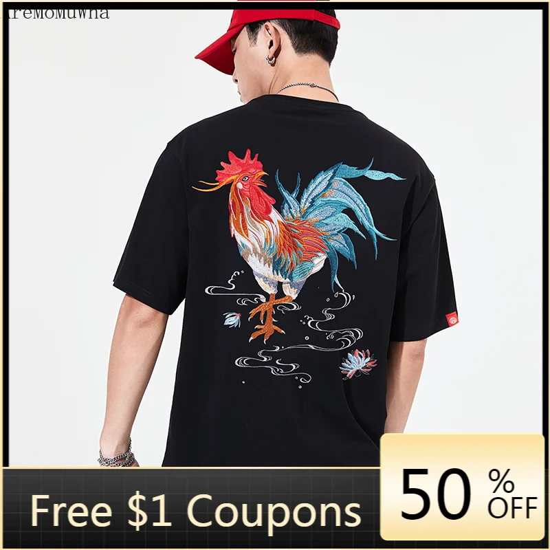 

2021 Summer New Style Yokosuka Chinese Style Embroidered Rooster Couples Cotton T-shirt Loose Trend Short-sleeved T-shirt Men
