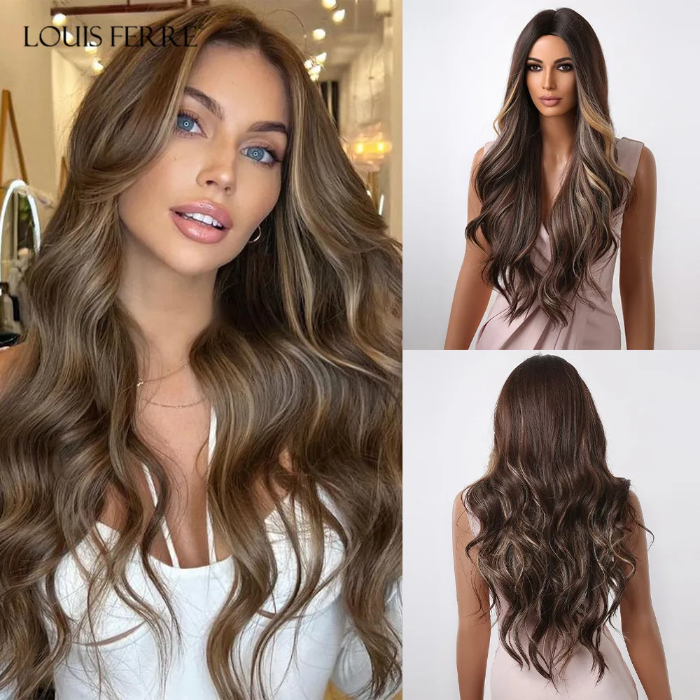 

LOUIS FERRE Long Brown Wavy Synthetic Wig Natural Looking Dark Brown Curly Wigs With Blonde Highlights Heat Resistant Women Hair