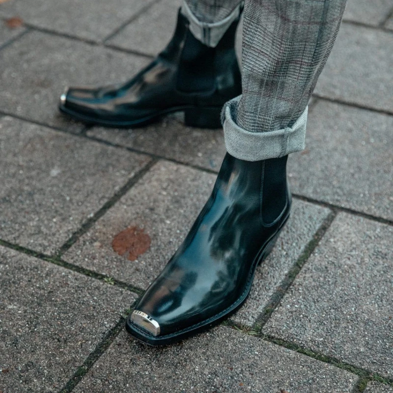 

Ботинки Челси мужские стальные, Воловья кожа, квадратный носок, без застежки, Повседневная Деловая обувь, ручная работа, черные