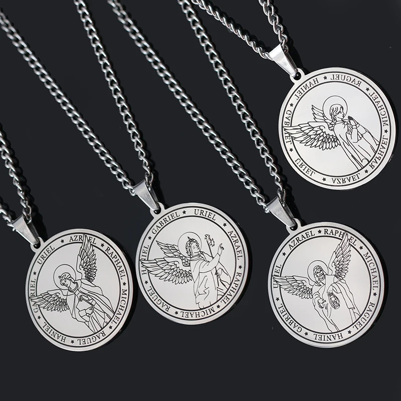 

Angels Uriel Michael Raphael Haniel Azrael Gabriel Raguel Necklace Men's Round Angel Wings Medal Necklaces Religious Ornaments