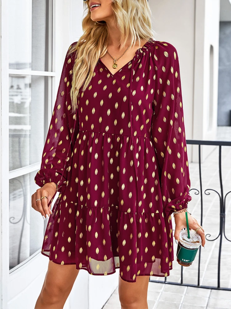 

Женское повседневное мини-платье в горошек, с V-образным вырезом и длинным рукавом