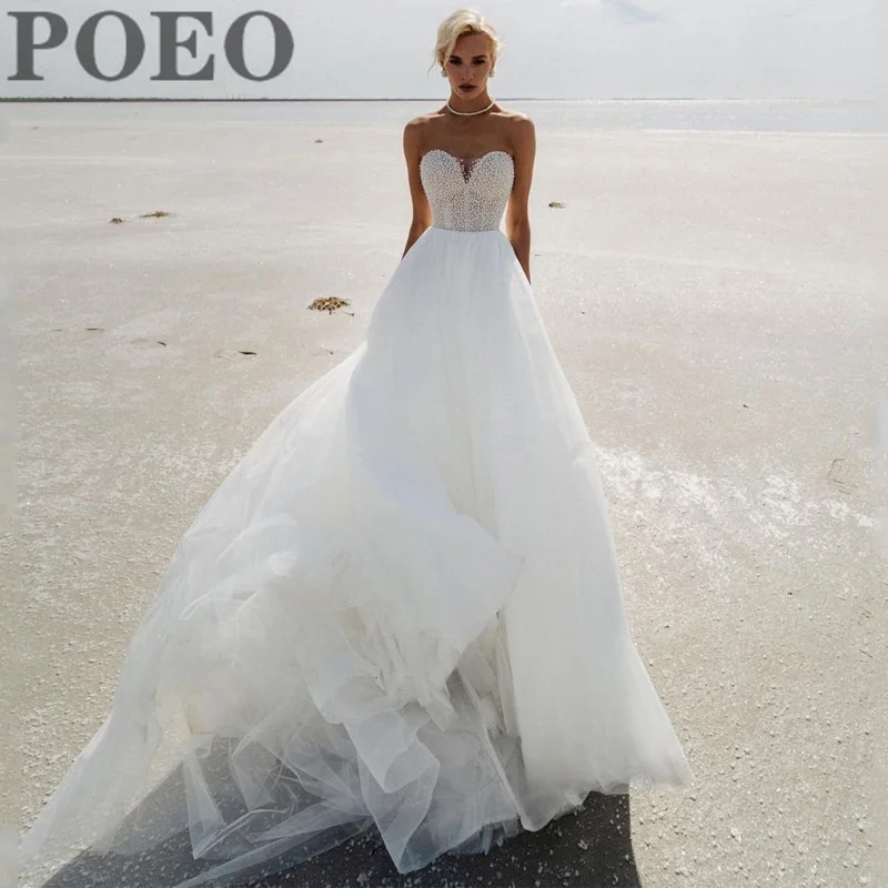 Роскошные пляжные свадебные платья для женщин без бретелек рукавов с бисером
