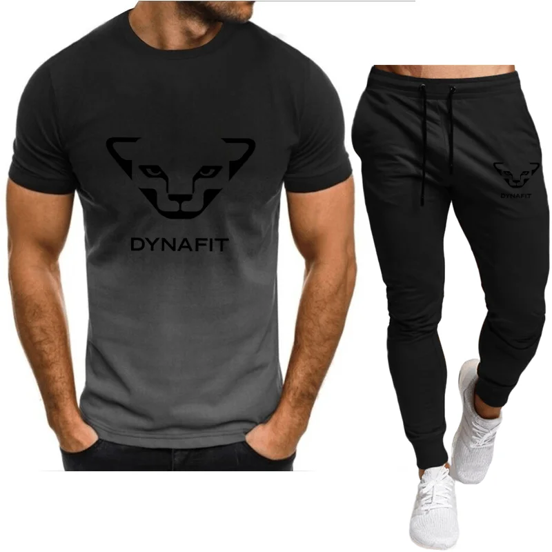 Summer men's casual two-piece suit, fashion breathable T-shirt sweat-absorbing running trousers fitness sports suit