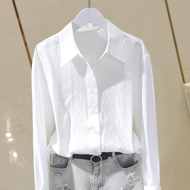 

Белые женские рубашки с вышивкой, летние винтажные 2022, с отложным воротником, с длинными рукавами, прямые элегантные офисные женские пиджак...