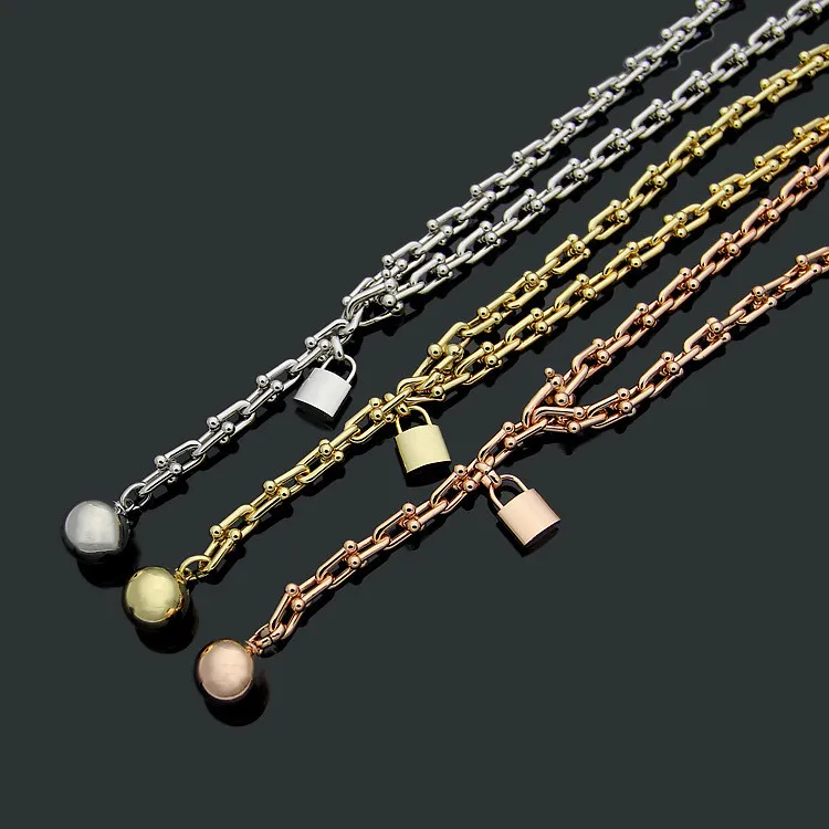

New Fashion Geometric Lock chain necklace Classic smooth round ball pendant Women Men personality Punk Rock party Jewelry