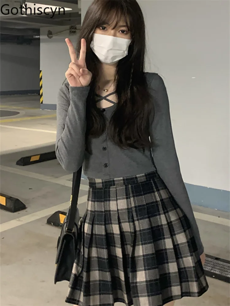 

gothiscyn Ladies Sets Solid Long Sleeves Knitted Tops Plaid Mini Skirts 2Pcs Sets Women Skirt Crop Shirt Suits Fashion Clothes