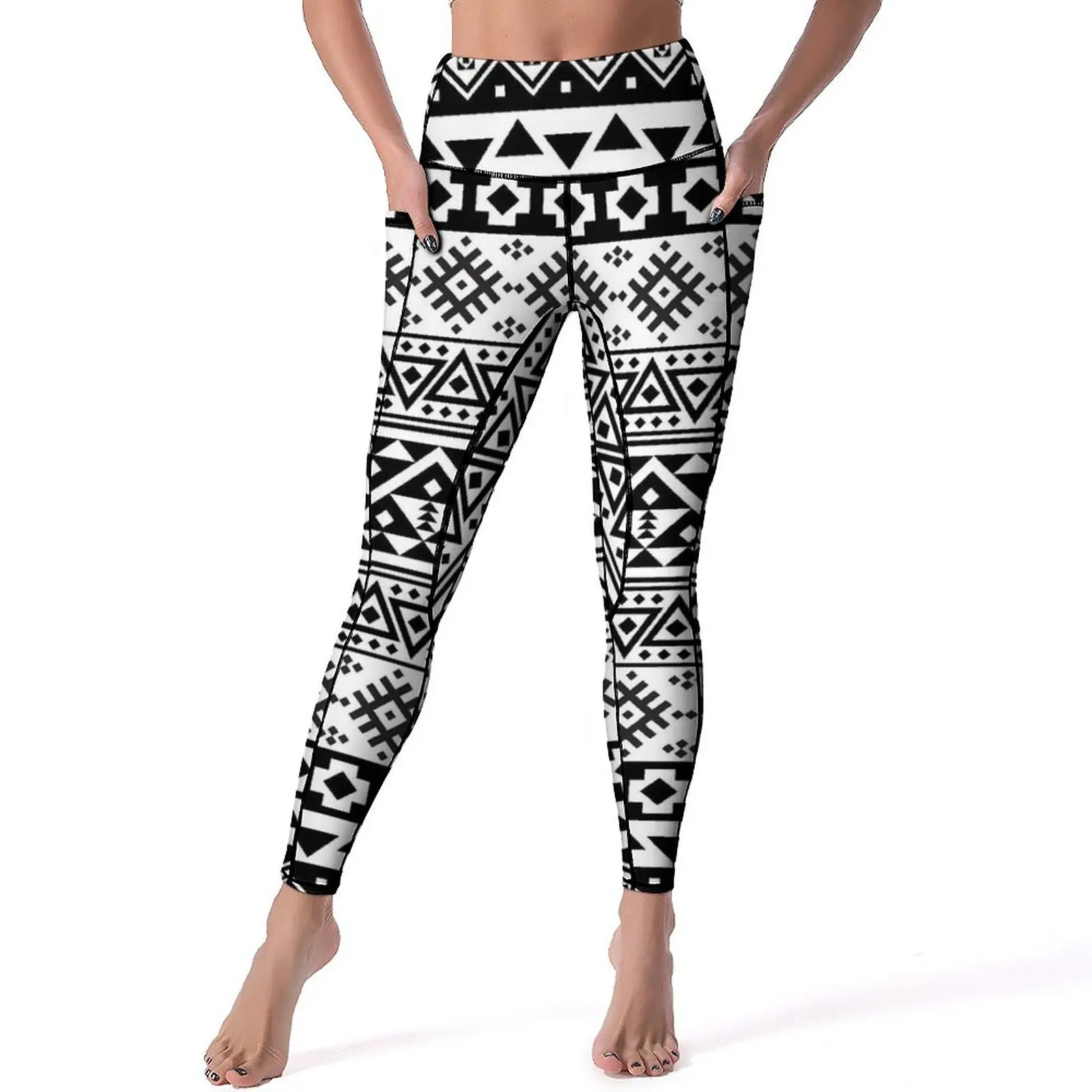 

Tribal Print Yoga Pants Black White Geometric Leggings Sexy High Waist Vintage Yoga Sports Tights Stretchy Work Out Leggins