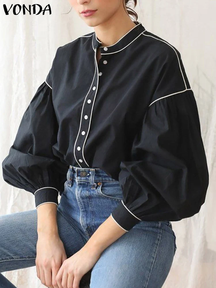 

VONDA 2022 Spring Buttons Casual Solid Party Blusas Bohemian Oversize Stylish Women Elegant Chemise Long Lantern Sleeve Blouse