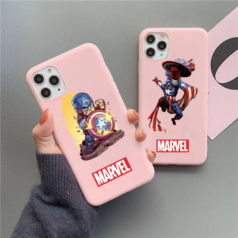 

Marvel Cartoon Captain America Phone Case For iphone 13 12 11 Pro Max Mini XS 8 7 6 6S Plus X SE 2020 XR Pink Silicone cover