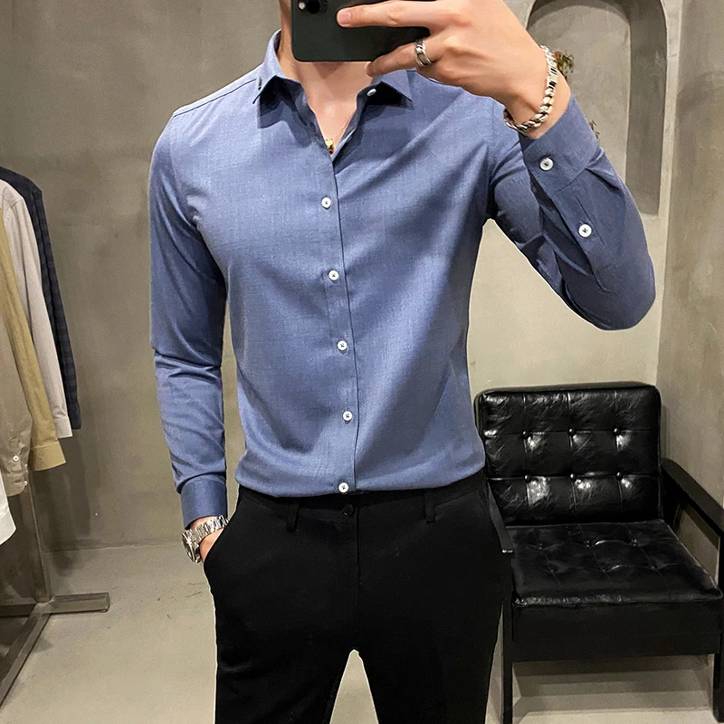 

Мужская однотонная деловая рубашка, Повседневная приталенная деловая Классическая рубашка, одежда высокого качества для мужчин, весна 2021