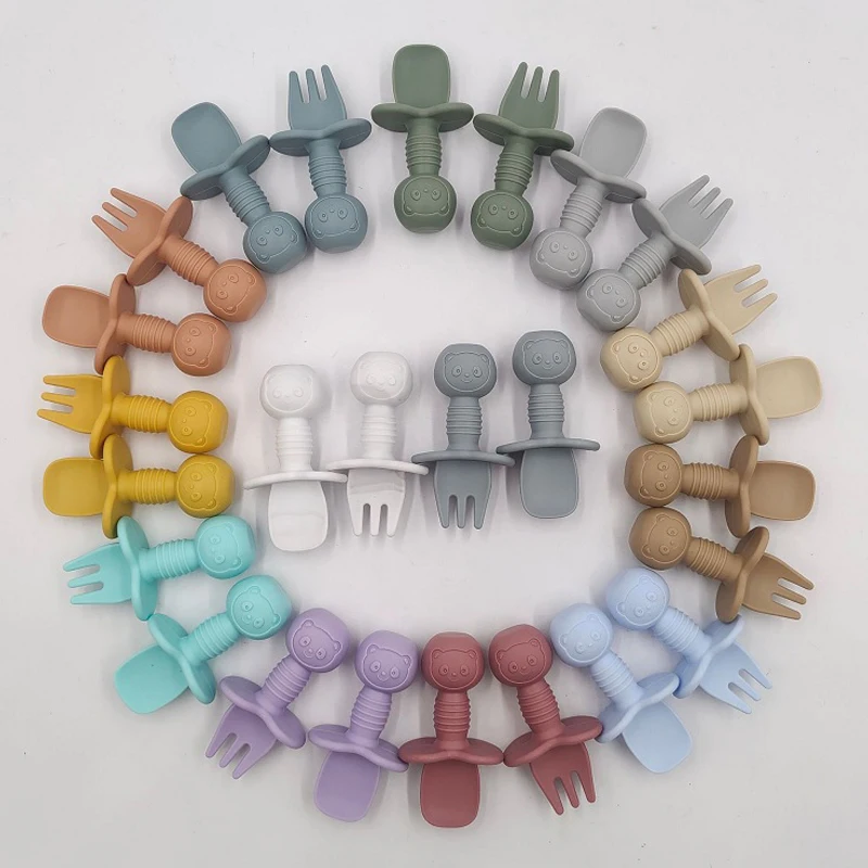 

2PCS Food Grade Silicone Fork Spoon Set For Baby Cute Animal Print Utensils Sets Feeding Spoon Learn To Eat Children's Tableware