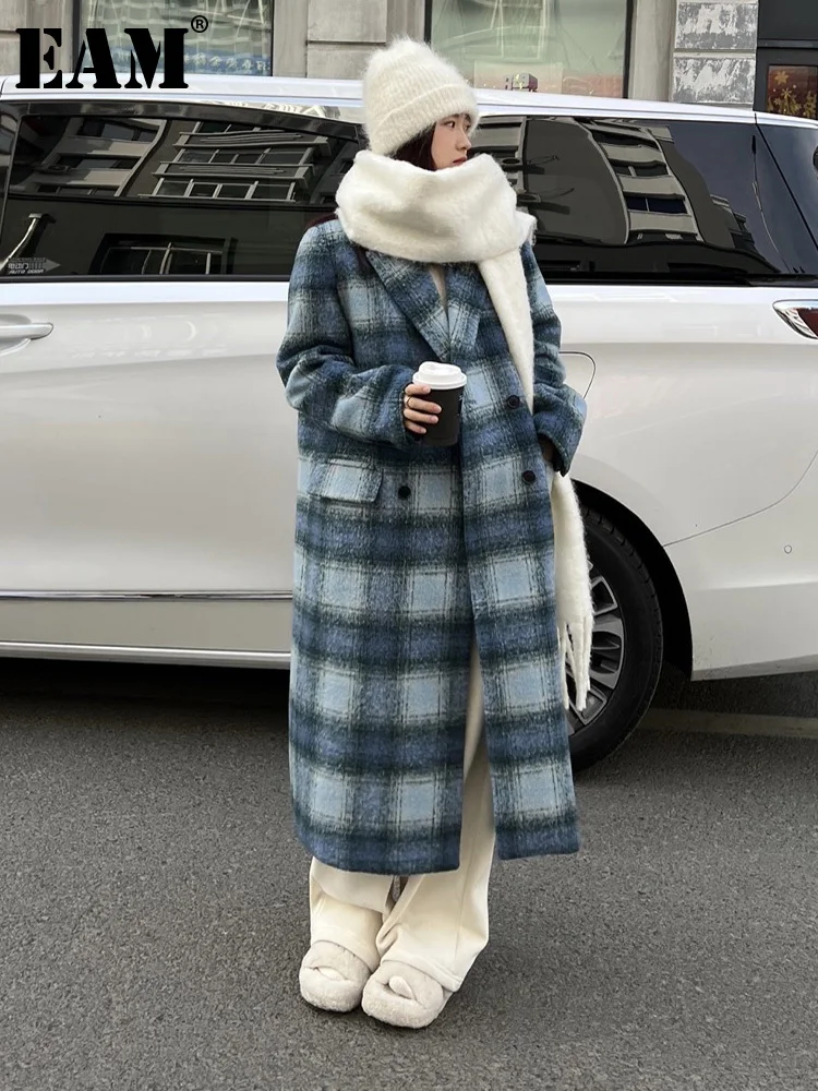 

[EAM] Loose Fit Vintage Plaid Warm Big Size Woolen Coat Parkas New Long Sleeve Women Fashion Tide Autumn Winter 2023 1DF3929