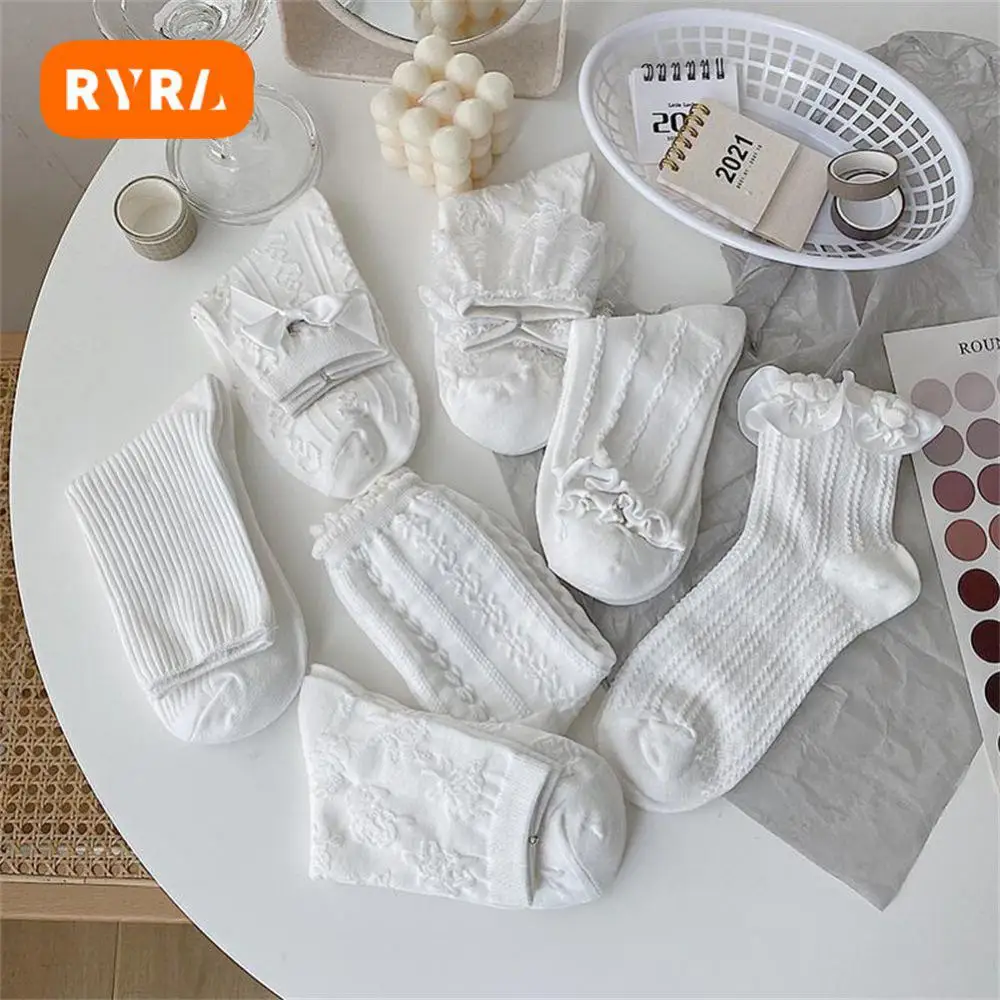 

5 Pairs White Mid-tube Socks For Women Cotton Japanese Lolita JK Socks Spring Autumn Thin Section Multiple Styles Soft Socks