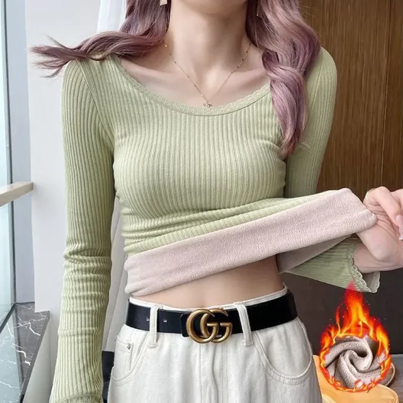 

Флисовая однотонная терморубашка с длинными рукавами, женское нижнее белье из овечьей шерсти, Теплый Зимний пуловер с круглым вырезом, приталенный силуэт