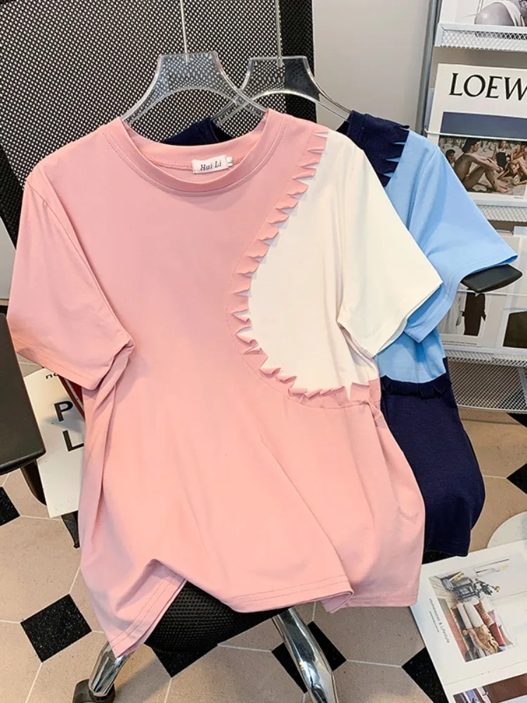 

Women Plus Size T-shirt Stitching Pocket Design Cotton Short Sleeve Top Fashion Street Style Female Wear For Spring Summer