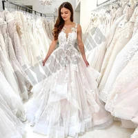 real fantasy wedding dress appliques tiered appliques vestidos de novia illusion o neck sleeveless woman luxury robe de mariee