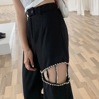 summer high street style small high waisted chain wide leg pants trousers thighs personality eith hollow and sexy show legs long