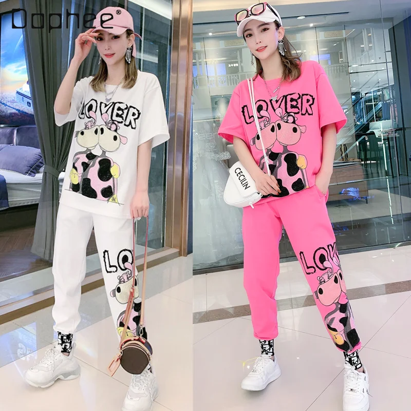 Summer Two-Piece Set Cartoon Short Sleeve Tshirt Embroidery Hot Drilling Oversize Women's  Loose Casual Top and Pant Tracksuit