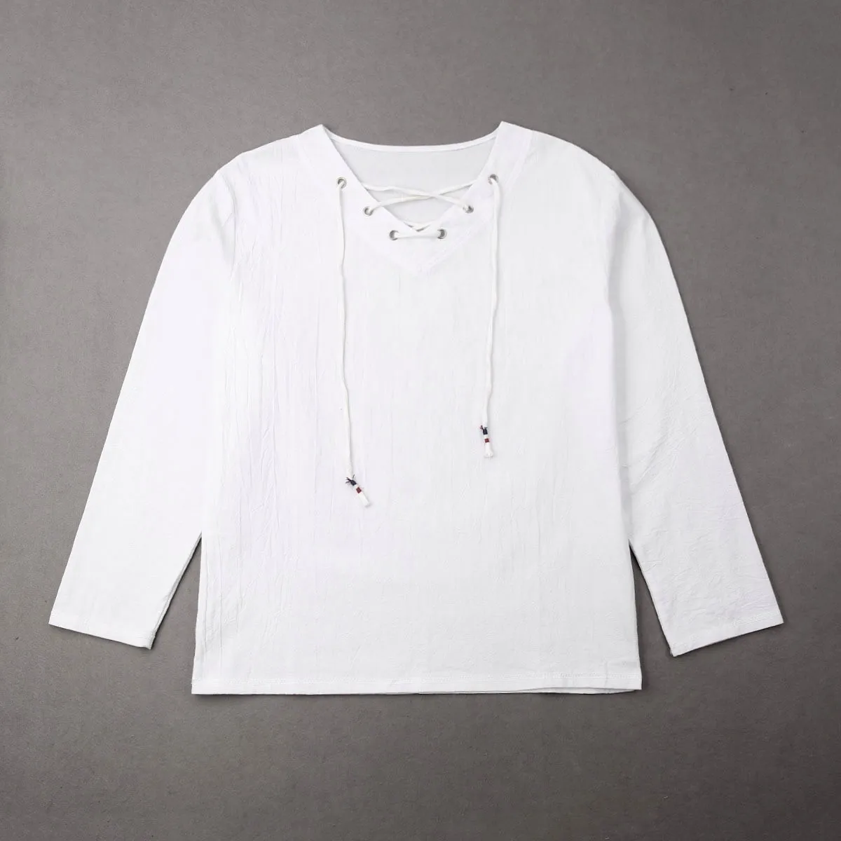 men fashion trend pullover bottoming shirt summer autumn new solid V-neck rope men's long-sleeved cotton linen shirt Asian Size