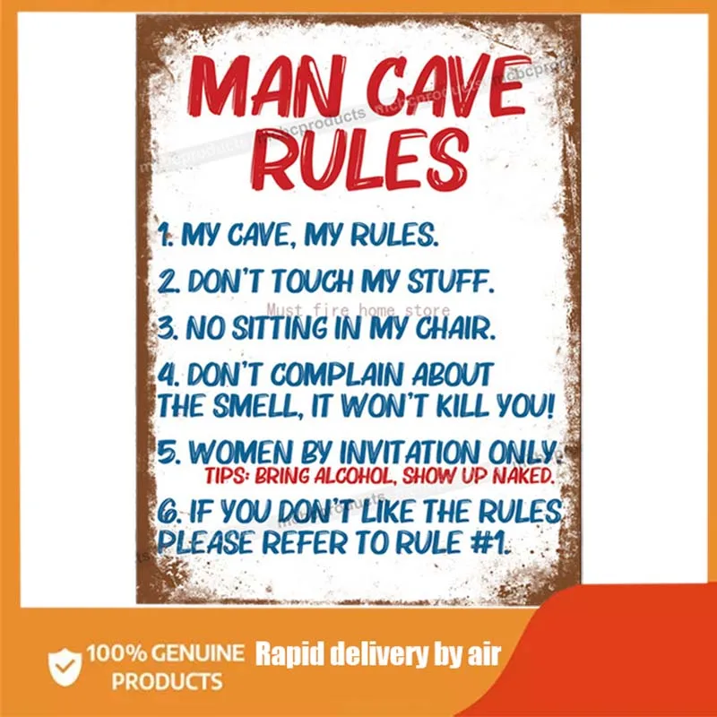 

Man Cave Rules Funny Metal Signs. Retro Plaque Vintage Mancave Garage Shed Pub Bar Kitchen Rusted Effect Tin Sign