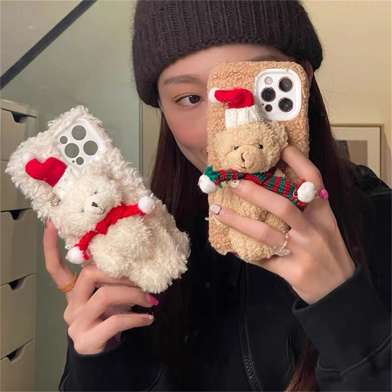 Merry Christmas Santa 3D Teddy Bear Plush Phone Case For iPhone 11 12 13 Pro XS Max X XR 7 8 Plus SE Winter Happy New Year Cover