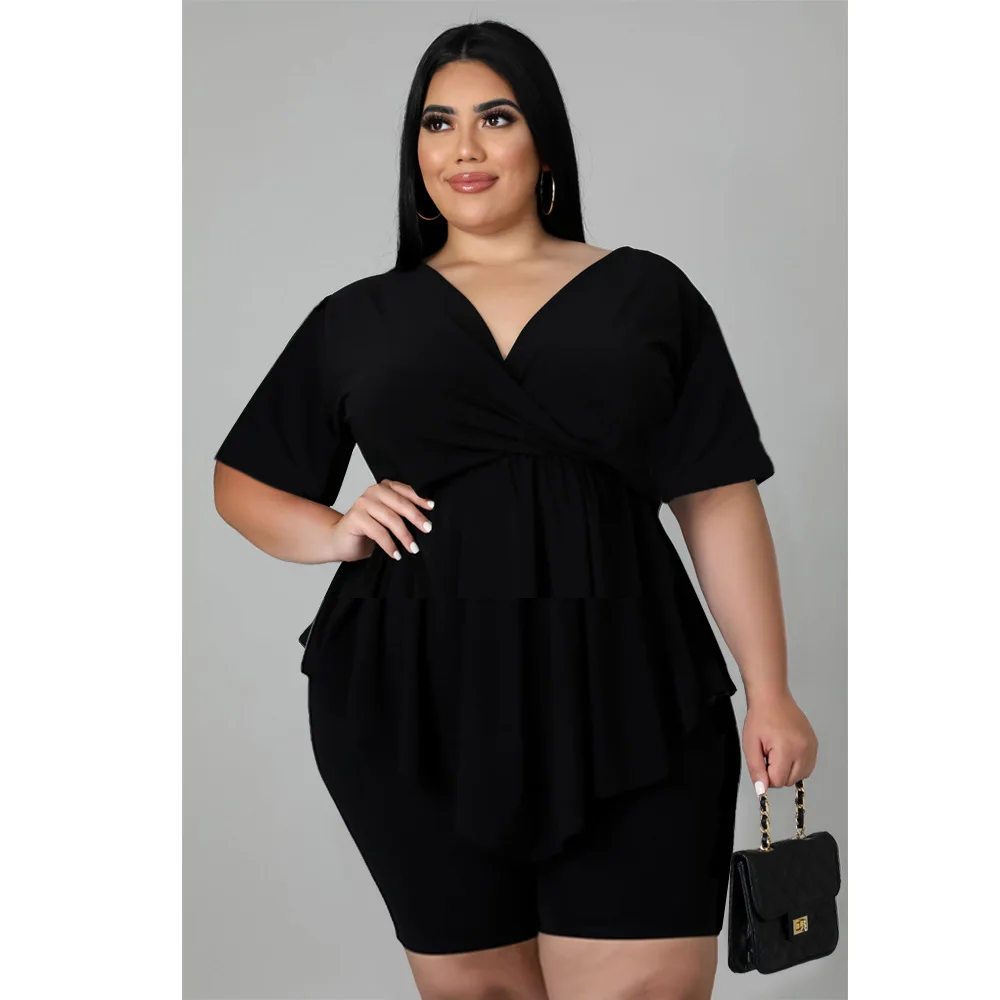 Plus Size Women 5xl Sets Solid Ruffle Shirt Tops And Short Pants 2022 Summer Fashion Two Piece Set Lady Cheap Wholesale Clothes