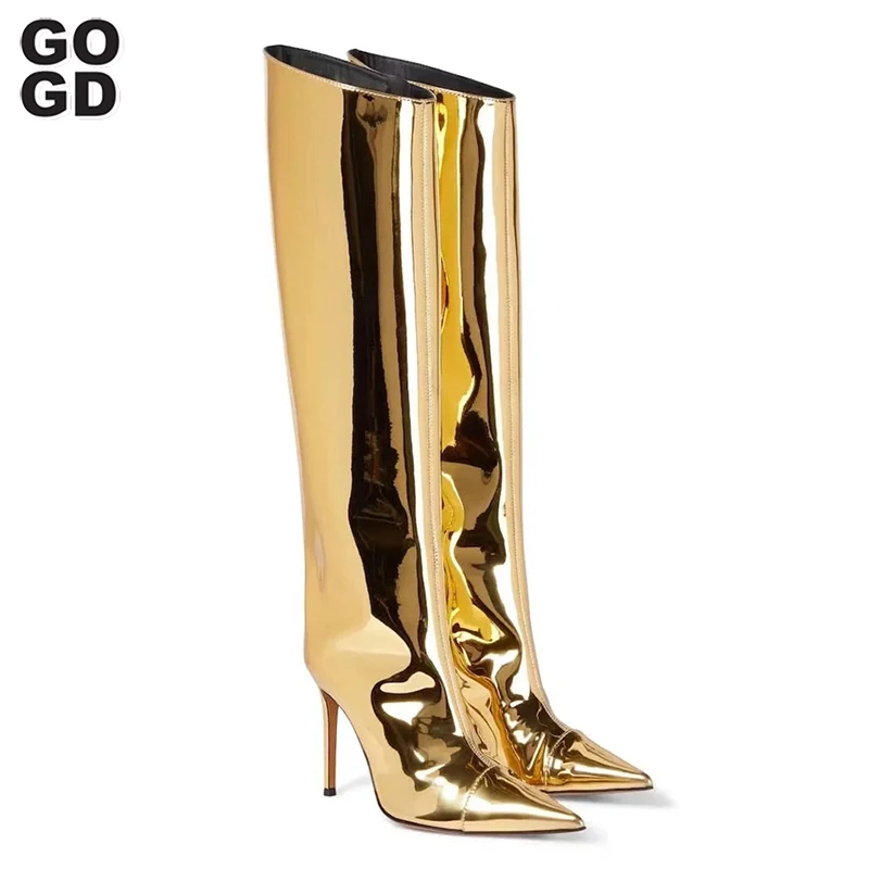 GOGD Party Woman Shoes Gold PU Patent Leather Pointed Toe Boots Ladies 2022 New Women Fashion Knee High Stiletto Heel Zip |