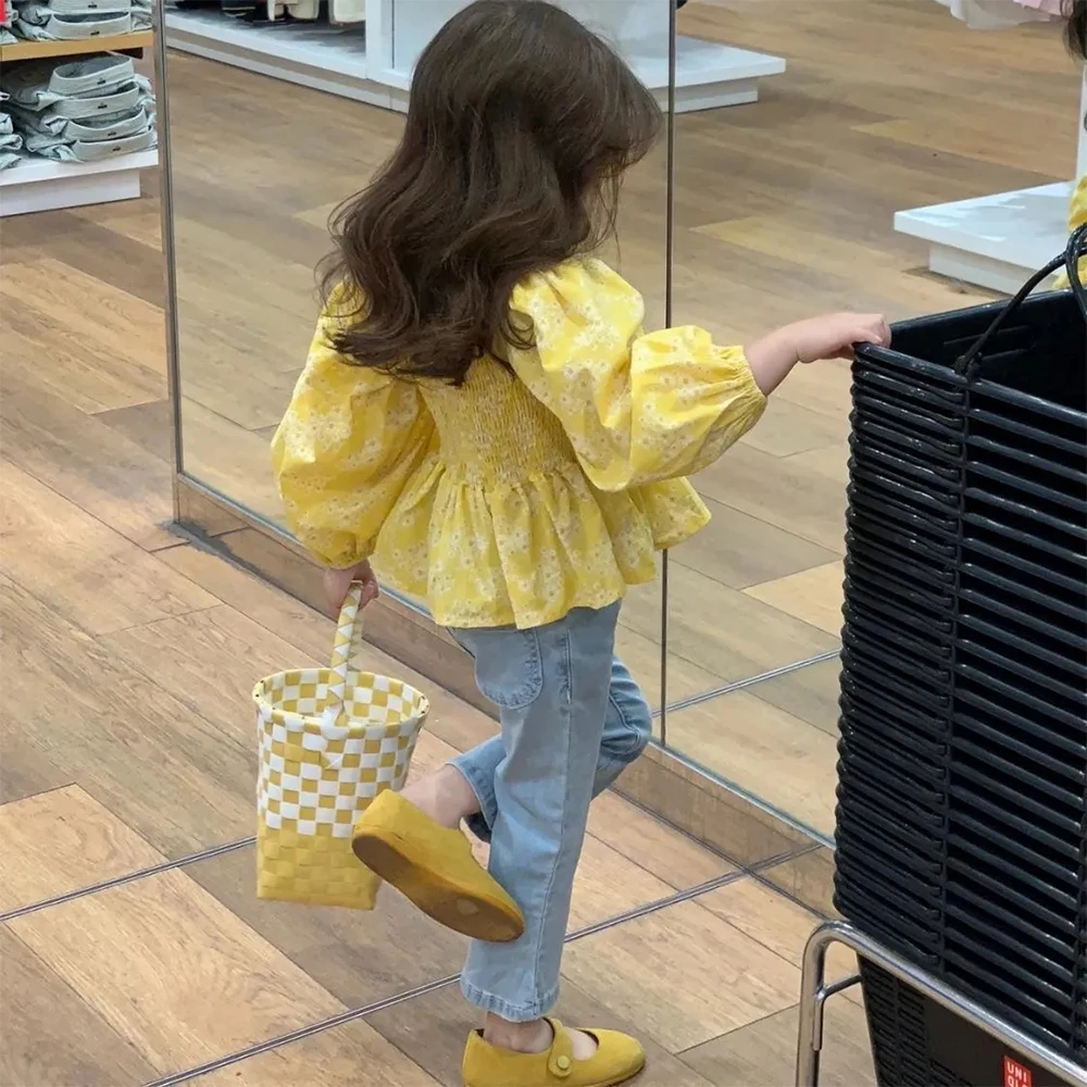 

Menoea Girl Clothes Set Korean Spring New Girls Baby Floral Long-sleeved Shirt and Nine Trumpet Jeans Suit Sweet Kids Clothes