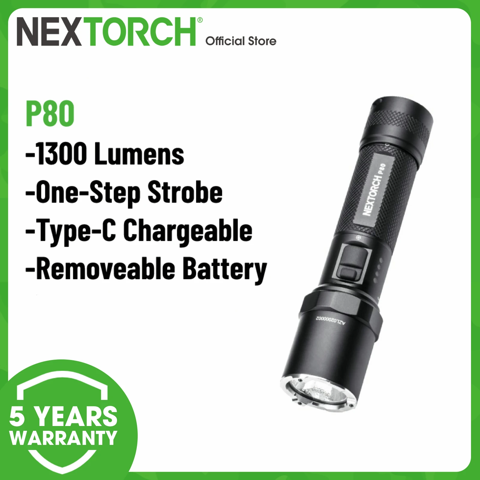 Фото Тактический фонарик NEXTORCH 1300 люмен, высокопроизводительный светодиодный фонарик с USB, перезаряжаемый P80 без аккумулятора №1