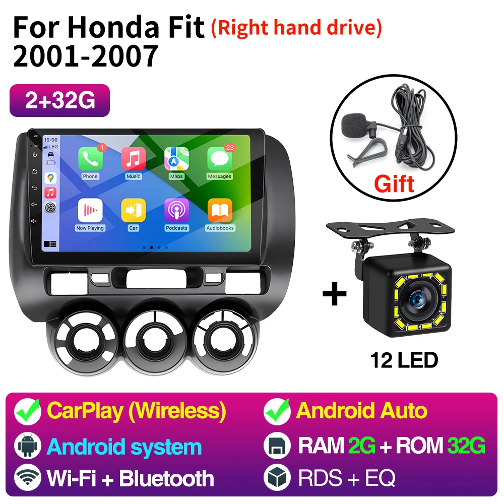 

Автомагнитола 2 Din для Honda Fit 2001-2007 Andorid 13,0 CarPlay Android Auto 9 дюймов GPS-навигация Bluetooth WIFI FM RDS стерео