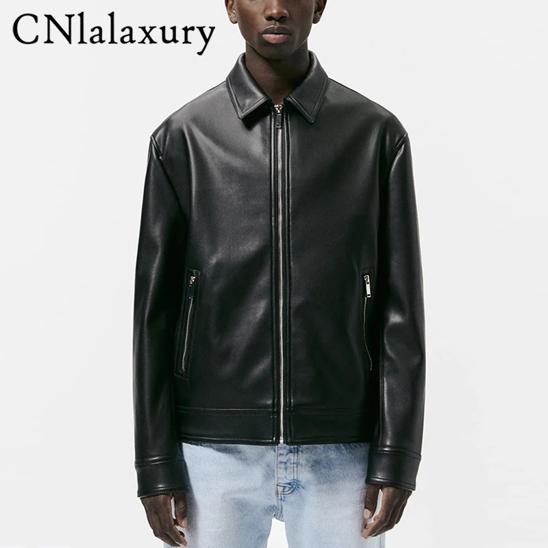 

CNlalaxury Autumn Winter Men Casual Black Faux Leather Jacket Simple Long Sleeve Zipper Outerwear Solid Color Slim Fit Top Male