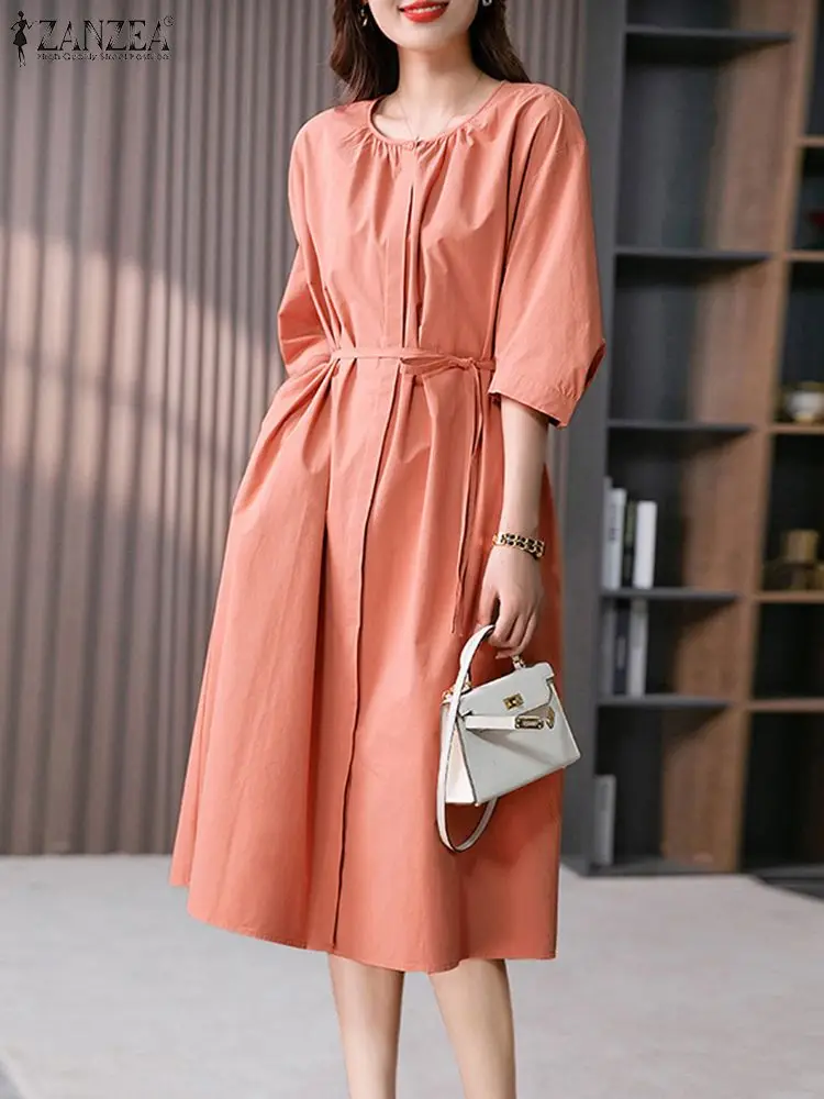 

ZANZEA 2023 Summer Solid Baggy Robe Women Shirt Dress Casual Half Sleeve Belted Sundress Fashion Pleats Round Neck Midi Vestido