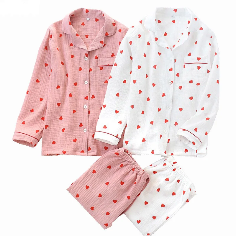 

Spring New Ladies Pajamas Set Heart Printed Crepe Cotton Double-layer Gauze Turn-down Collar Long-sleeve Trousers Household Wear