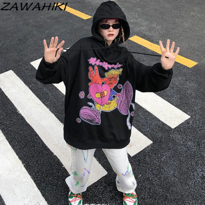 

Women Vintage Cartoon Print Hooded Jacket pullover Long Sleeve Autumn Winter Streetwear Coat Y2K Aesthetic Loose Hoodies