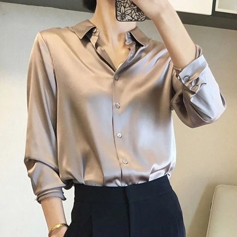 

Elegant Fashion Woman Shirts Satin Loose Autumn Long Sleeve Silk White Blouse Office Casual Lady Shirts Women Clothing 23229