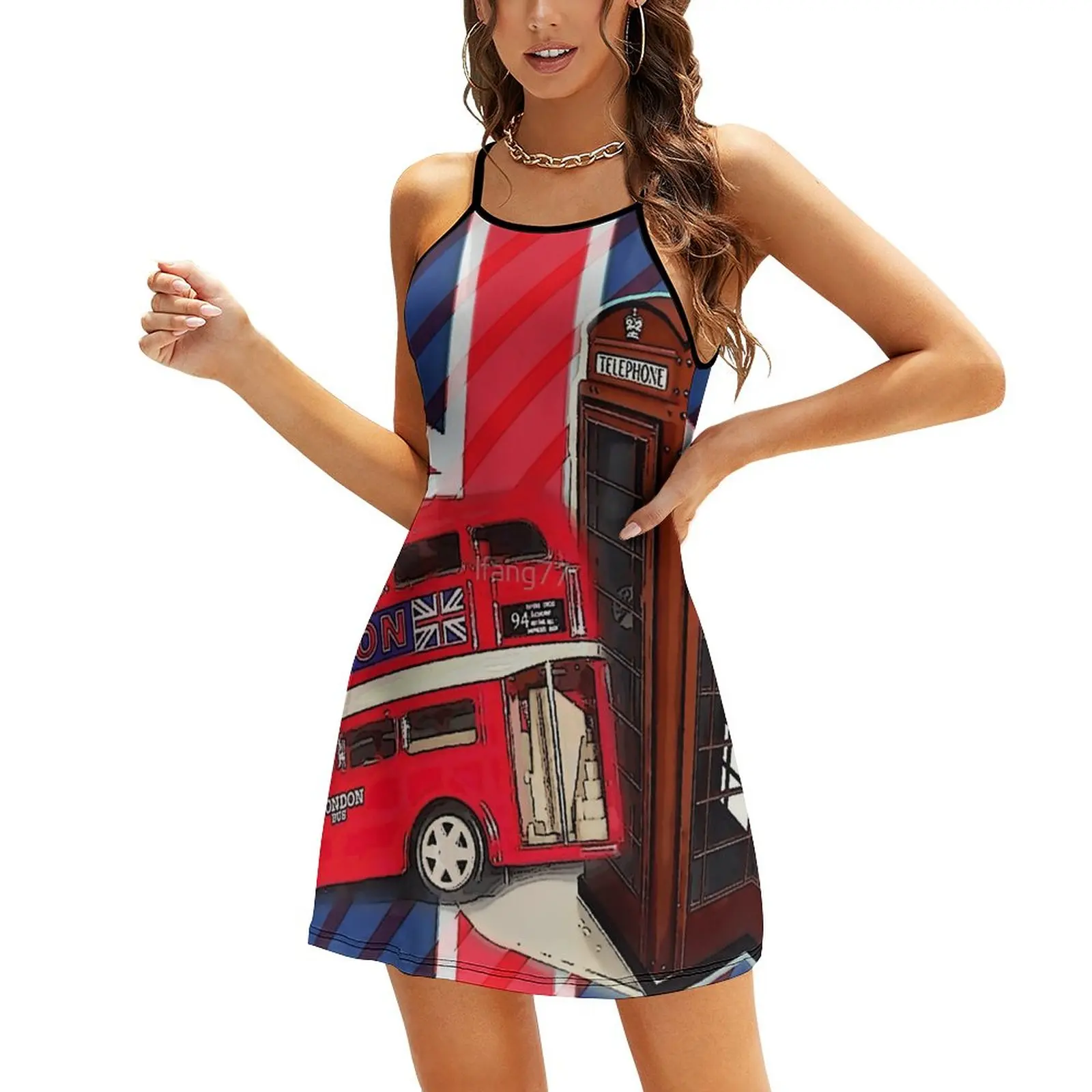 

Union Jack London Bus Vintage Red Telephone Booth Women's Sling Dress Humor Graphic Suspender Dress Graphic Exotic Woman's Clot