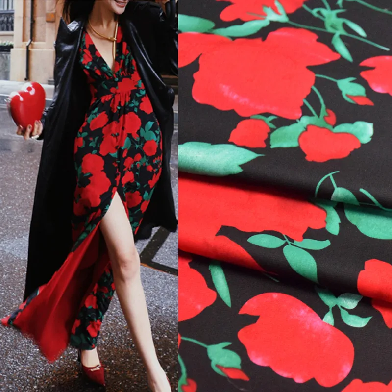 

Fashion Black Bottom With Big Red Flower Print High Grade Plain Satin Fabric For Shirt Dress Trousers Cheongsam Telas T1955